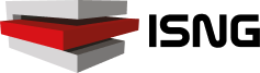 Il logo di ISNG. Il nome è in nero e in un parallelepipedo grigio in 3D passa in orizzontale un libro rosso, simbolo dell'innovazione bibliotecaria.