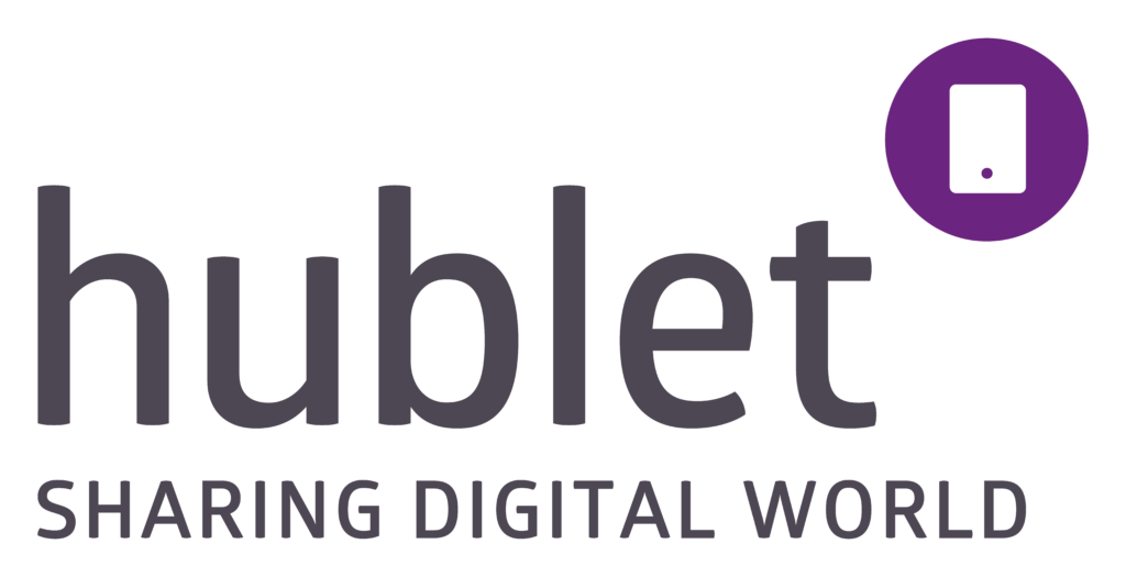 Il logo di Hublet, sharing digital world. Un'icona tonda viola contiene un tablet stilizzato bianco.