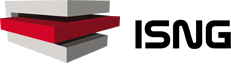 Il logo di ISNG. Il nome è in nero e in un parallelepipedo grigio in 3D passa in orizzontale un libro rosso, simbolo di innovazione biblioteche.